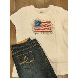 America US Flag White Ladies LARGE Short Sleeve Crewneck Tee NEW